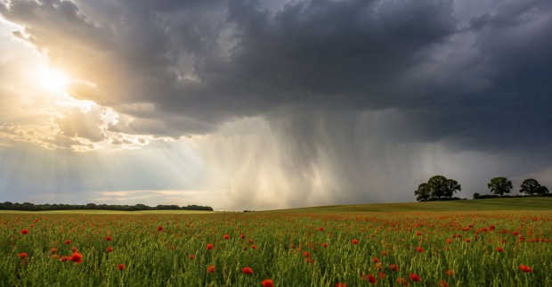Gewitter und Regen über Feld im Juni laut Bauernregel mit möglicher 40 Tage Regenphase