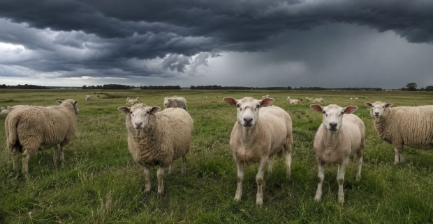 Schafe auf einer Wiese unter dunklen Gewitterwolken während der Schafskälte und einem Wettersturz in Österreich