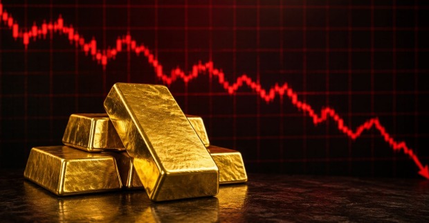 Goldbarren vor fallenden Charts als Symbolbild für den fallenden Goldpreis