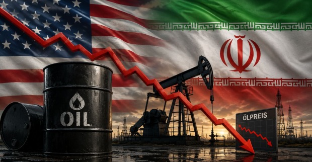 Symbolbild zeigt fallenden Ölpreis mit US- und Iran-Flagge sowie Ölförderanlage und stark sinkendem Kursverlauf