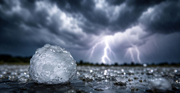Hagelkorn am Boden vor einer Gewitterwolke als Themenbild für den drohenden Hagel in Österreich
