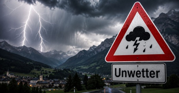 Unwetter Tirol Gewitter Starkregen Sturm Warnung Alpen Straße Blitze