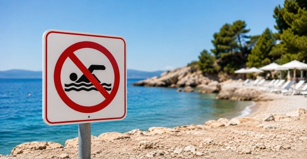 Badeverbot Kroatien: Verbotsschild am Strand in Medulin warnt vor Schwimmen im Meer nach möglicher Verunreinigung.