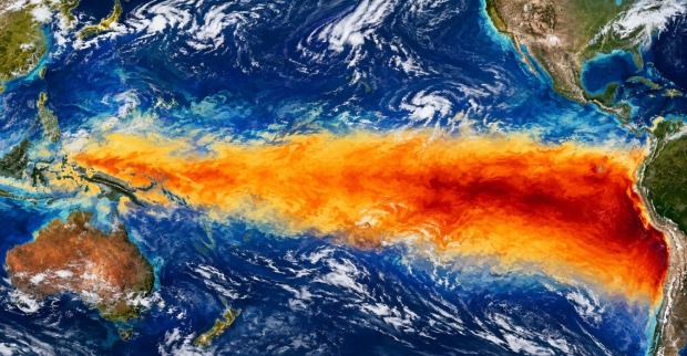 Darstellung von El Niño 2026 mit starker Erwärmung des tropischen Pazifiks