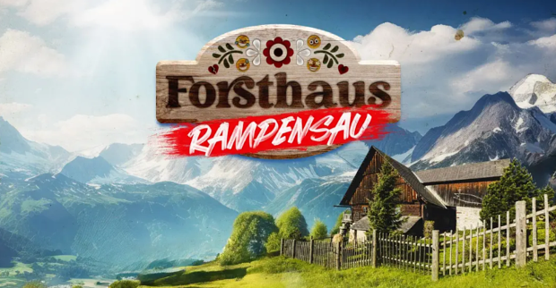 Forsthaus Rampensau 2026: Logo der Reality-Show vor einer Bergkulisse mit Alm und Forsthaus in Kärnten.