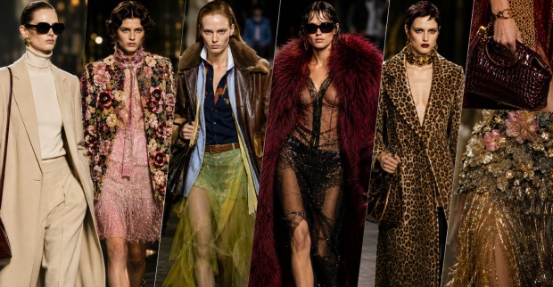 Models in herbstlichen Looks mit Leopard, Samt, floralen Mustern und Layering als Modetrends im Herbst 2026.