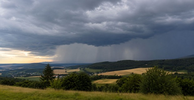 Kaltfront: Dunkle Gewitterwolken und eine Regenfront ziehen über eine sommerliche Landschaft in Österreich.