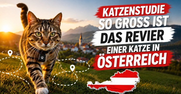 Katze mit GPS-Tracker in Österreich vor Berglandschaft zur Studie über Reviergröße und Streifverhalten