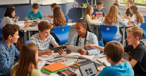 Schüler lernen in Gruppen, mit Büchern und Tablets.