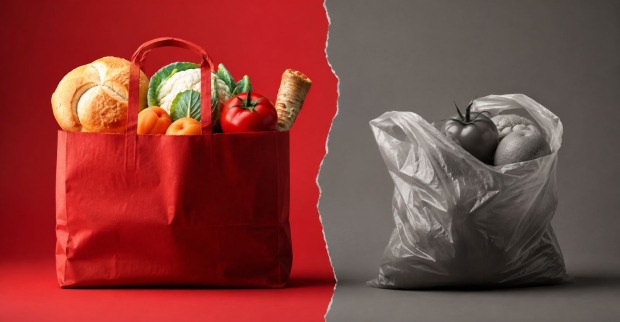 Rotes Sackerl mit Lebensmitteln als Symbol für typisch österreichische Wörter und Austriazismen
