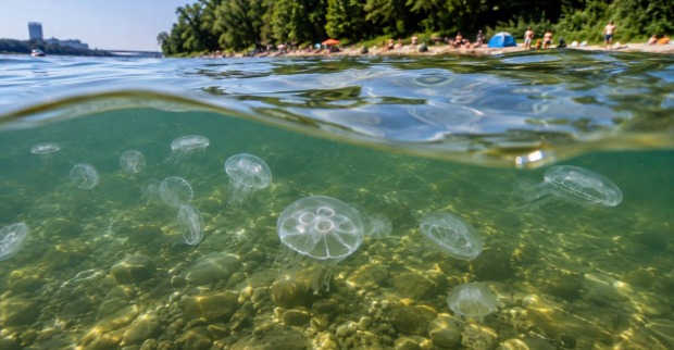 Transparente Süßwasserquallen schwimmen in der Neuen Donau in Wien, während Badegäste am Ufer den heißen Sommertag verbringen.