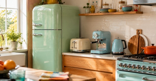 Retro-Haushaltsgeräte in Pastellfarben mit Kühlschrank, Toaster, Kaffeemaschine, Wasserkocher und Herd in einer Küche