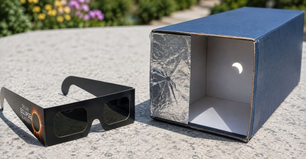 Sonnenfinsternis-Brille und selbst gebaute Lochkamera zur indirekten Beobachtung einer partiellen Sonnenfinsternis.