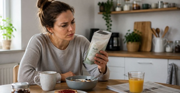 Frau betrachtet beim Frühstück skeptisch eine Packung Xylit