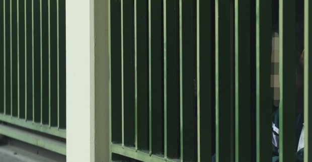 Häftling hinter grünen Gitterstäben in einer Justizanstalt