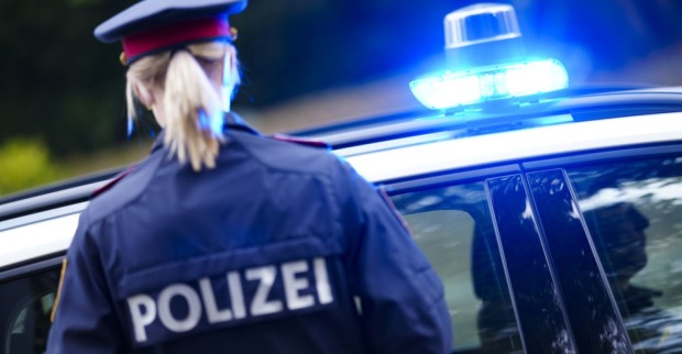 Eine Polizistin von hinten vor einem Polizeiauto mit Blaulicht.