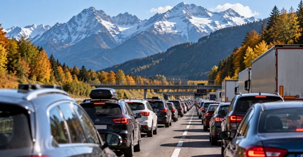 Dichter Stau auf einer österreichischen Autobahn vor einer Gebirgskulisse im Herbst