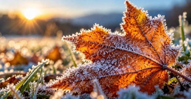 Mit Frost bedecktes Herbstblatt als Symbol für die Bauernregel zum Michaelistag und den nahenden Winter.