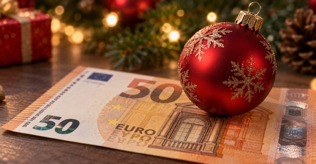 Geldscheine und Geschenkverpackung zum Thema Weihnachtsbonus