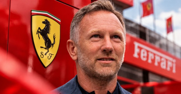 Christian Horner vor Ferrari-Kulisse mit Ferrari-Logo