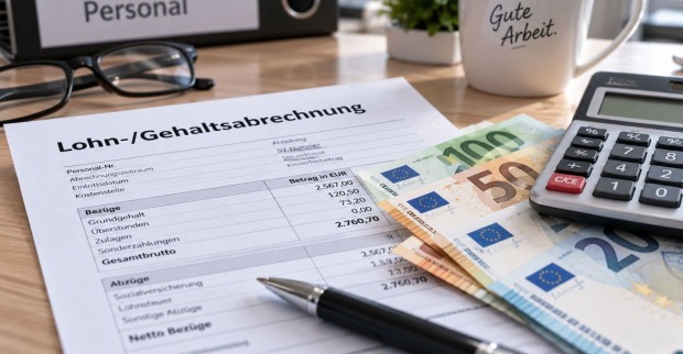 Lohn und Gehaltsabrechnung mit Euro-Scheinen und Taschenrechner als Symbol für den Insolvenz-Entgelt-Fonds