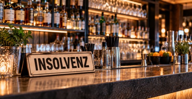 Tresen einer Bar mit einem Schild, auf dem Insolvenz geschrieben steht
