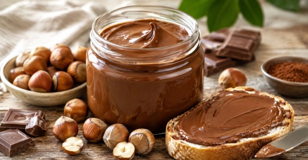 Selbst gemachte Nuss Nougat Creme im Glas mit Haselnüssen, Schokolade, Kakao und bestrichenem Brot auf einem Frühstückstisch.