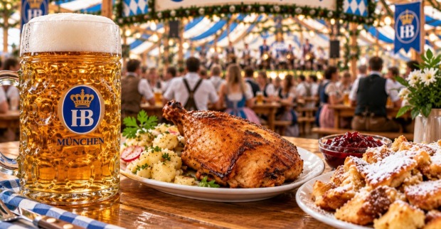 aß Bier, Hendl mit Kartoffel-Gurken-Salat und Kaiserschmarrn in einem Festzelt beim Oktoberfest.