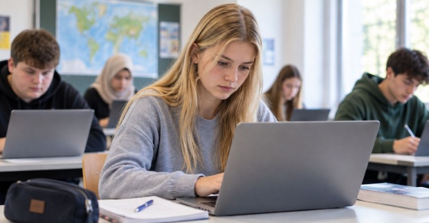 Jugendliche arbeiten an Laptops in einem Klassenzimmer als Symbolbild zur PISA-Studie 2025 in Österreich.