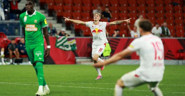 RB Salzburg vs. Rapid Wien: ubel von Nikolas Veratschnig (Red Bull Salzburg) zum 4:0 am Mittwoch 02. September 2026, während der Admiral Bundesliga-Begegnung.