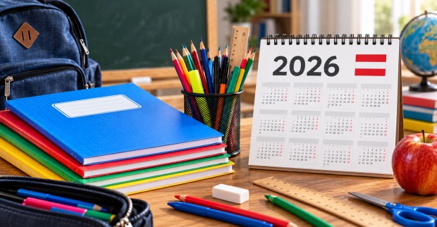 Schulhefte, Stifte und ein Kalender zum Schulstart 2026 in Österreich