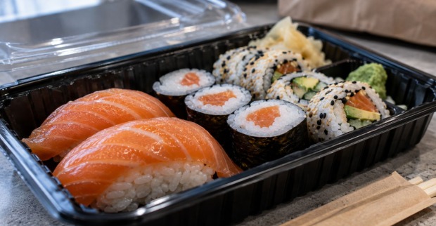 Sushi mit Lachs-Nigiri und Maki in einer Take-away-Box