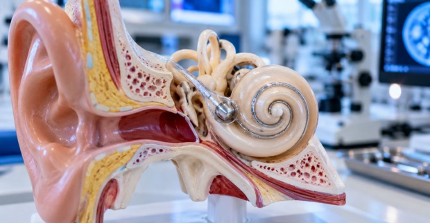 Modell des menschlichen Innenohrs mit Darstellung eines Cochlea-Implantats