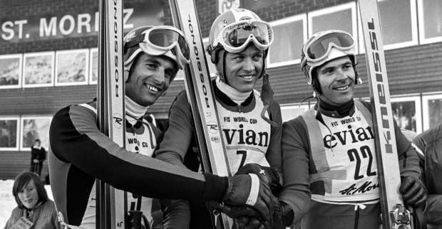 Walter Tresch, Ehemann von Rita Tresch, mit Bernhard Russi und Heinrich Messner beim Ski-Weltcup.