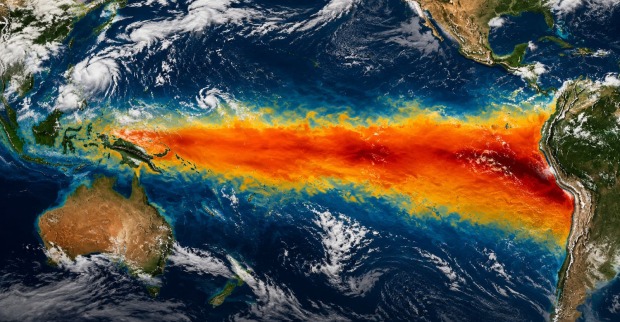 Darstellung von El Niño mit ungewöhnlich warmem Oberflächenwasser im tropischen Pazifik zwischen Australien und Südamerika.