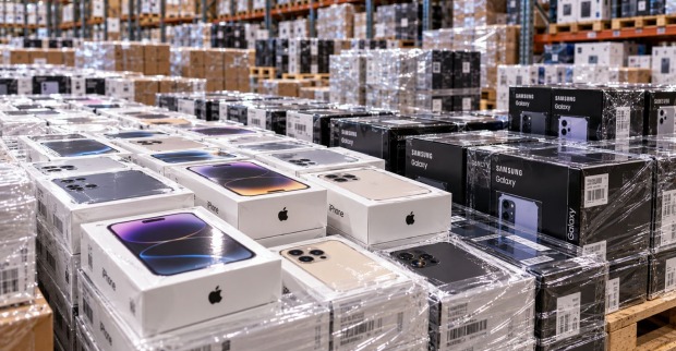 Verpackungen von Smartphones in einer Lagerhalle