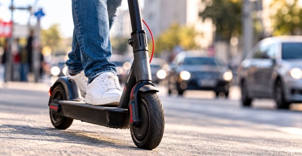 Person auf einem E-Scooter im Straßenverkehr. Symbolbild zu steigenden E-Scooter-Unfallzahlen und Verletzten in Österreich.