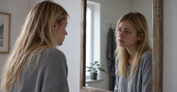 Junge erwachsene Frau mit blonden Haaren betrachtet nachdenklich ihr Spiegelbild. Symbolbild zum weltweiten Anstieg von Essstörungen.