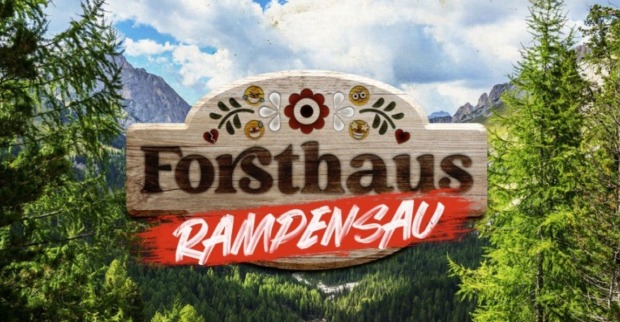 Offizielles Logo der ATV-Realityshow „Forsthaus Rampensau“ vor einer österreichischen Berglandschaft mit grünen Wäldern und Bergen.