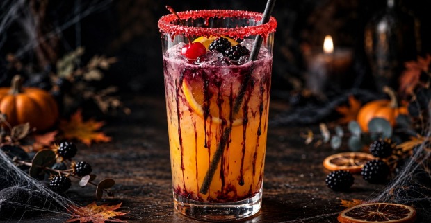 Ein schauriger Halloween-Cocktail im Longdrink-Glas mit rotem Zuckerrand und schichtendem Cassis-Effekt