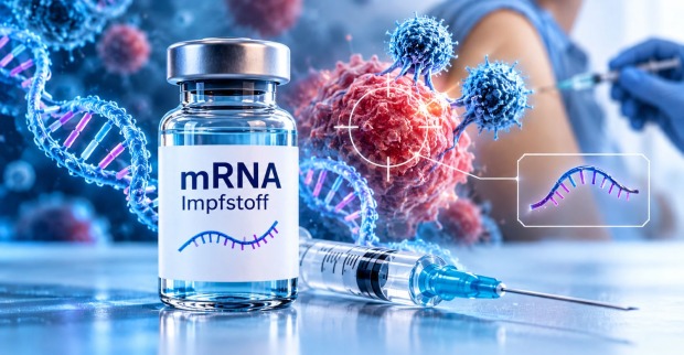 Illustration einer mRNA-Impfung gegen Hautkrebs mit Impfstofffläschchen, Spritze, Krebszellen und einer Impfung im Hintergrund.
