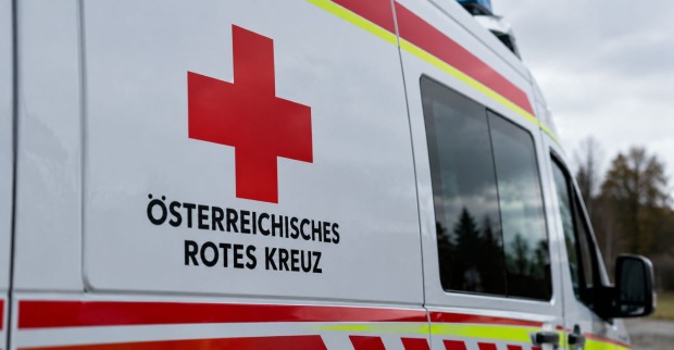 Rettungswagen des Österreichischen Roten Kreuzes mit rotem Kreuz und Schriftzug. Symbolbild zur Vermisstensuche in Königstetten.