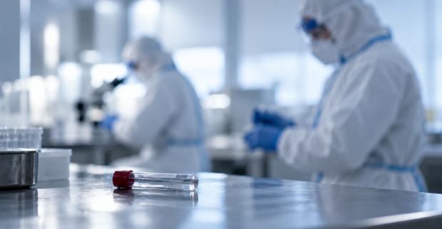 Medizinisches Personal in Schutzkleidung arbeitet in einem Labor, im Vordergrund liegt ein Reagenzglas auf einem Stahltisch.