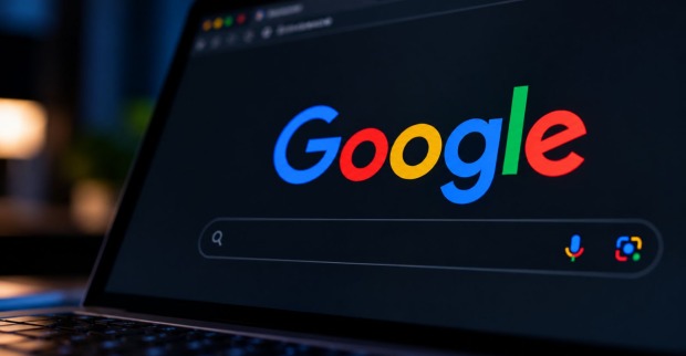 Google-Logo auf einem Laptop-Bildschirm im Dark Mode als Symbolbild zur entdeckten Sicherheitslücke bei Google.