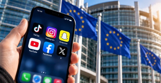 Smartphone mit TikTok, Instagram und Snapchat vor EU-Flaggen und dem Europäischen Parlament in Brüssel.
