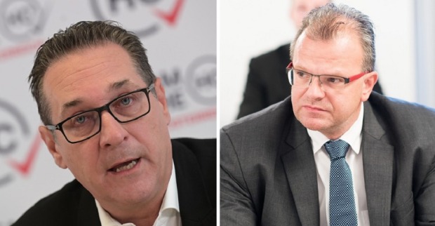 Zusammenschnitt: Links ein Porträtfoto von HC Strache mit Brille. Links: Hans-Jörg Jenewein im Anzug mit Krawatte. Auch er trägt Brille.