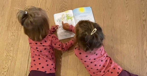 zwei Kleinkinder auf dem Boden in einem Buch blätternd